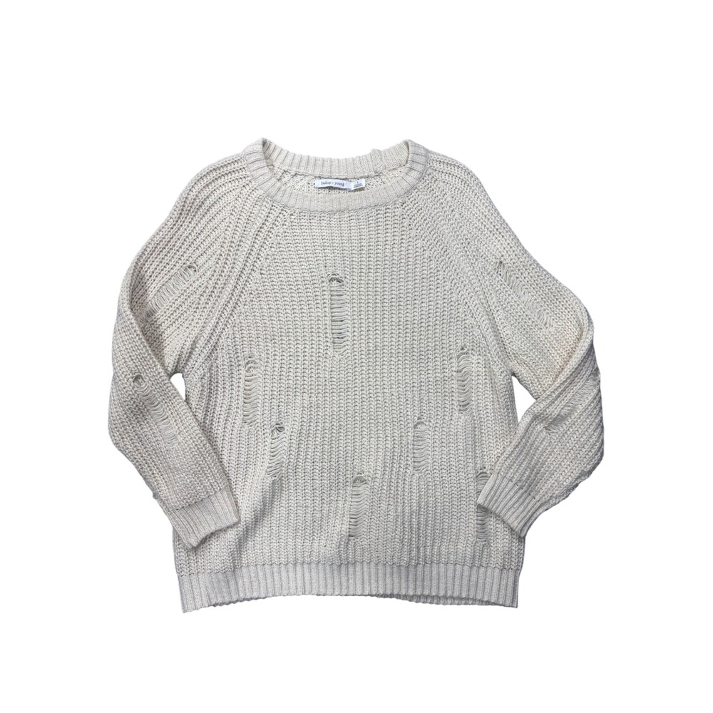 Bishop + Young Sweater Small Distressed Chunky Knit Cream Raglan Long Sleeve